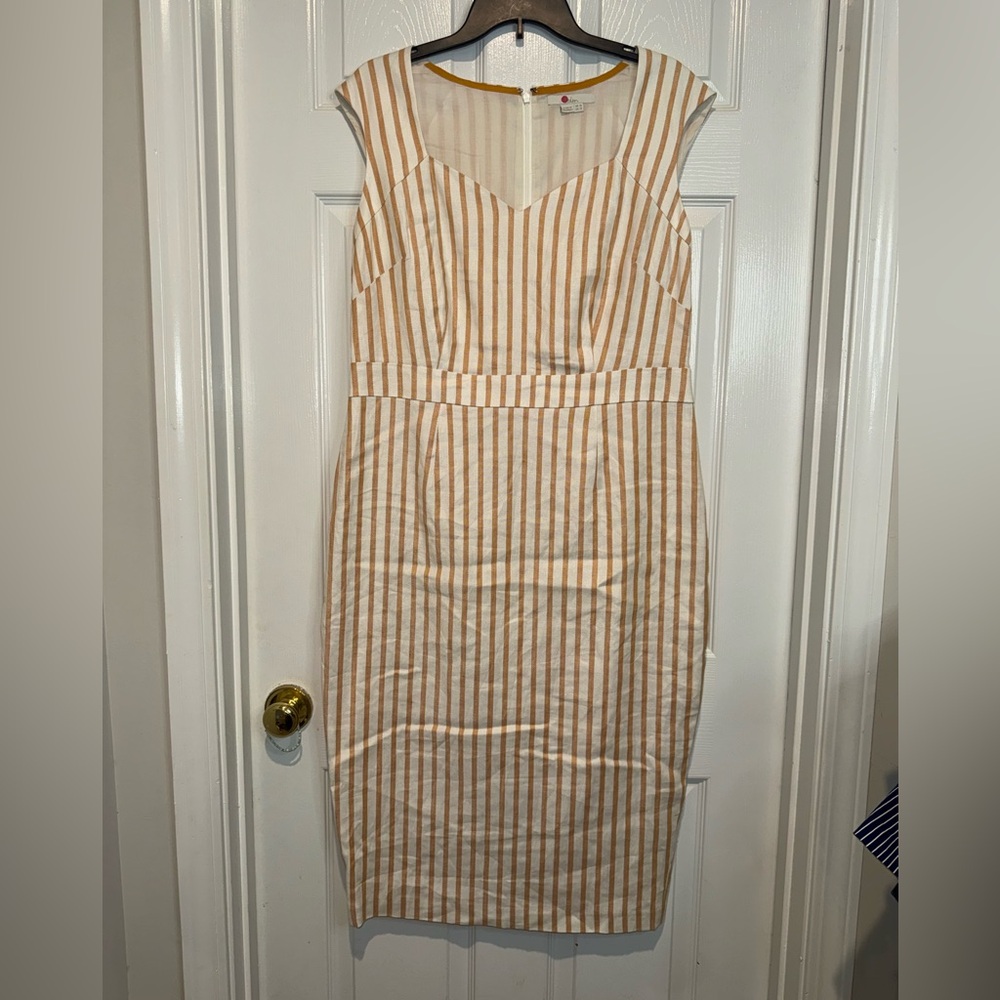 Boden Tan and White Striped Linen Midi Dress. Size 12